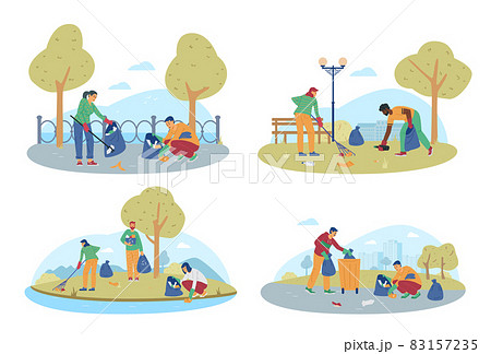 Young people clean up trash and autumn leaves at city street or park 83157235