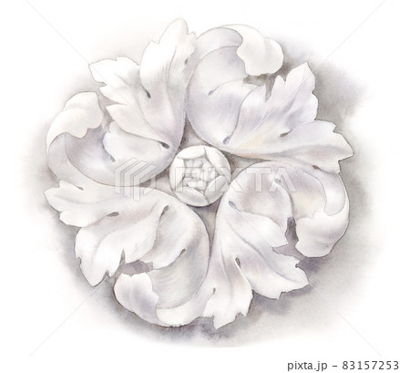 Watercolor illustration of plaster round rosette on white background Watercolor illustration of plaster round rosette on white background 83157253