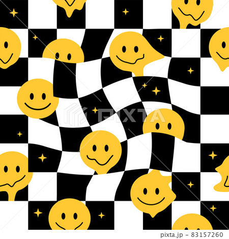 Funny melt smile faces seamless pattern. Vector hand drawn doodle cartoon character illustration. Smile faces melt, acid, trippy,cells seamless pattern wallpaper print concept 83157260