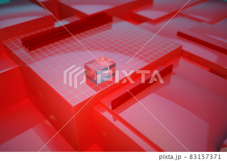 3D illustration of the red racks on which the glass rectangle model lies. Glass brick, 3d object on a red background. 3D graphics 83157371