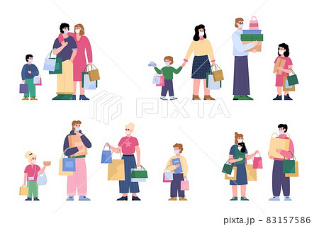 Happy family shoppers man and woman with children hold lot shopping bags. 83157586