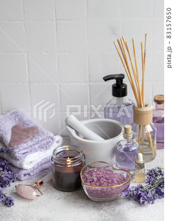 Natural herb cosmetic with lavender flowers 83157650