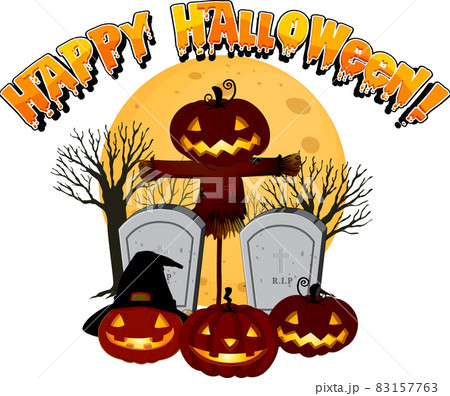 Happy Halloween with Jack-o'-lantern at graveyard Happy Halloween with Jack-o'-lantern at graveyard 83157763