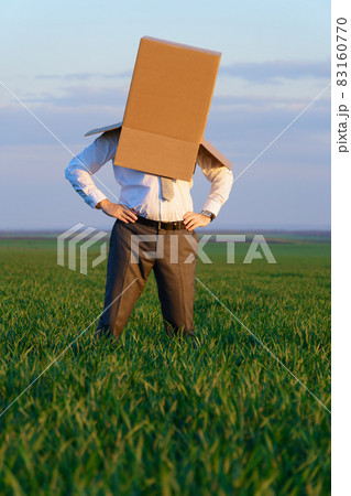 businessman puts his head in a cardboard box and poses on a green grass field - business concept 83160770