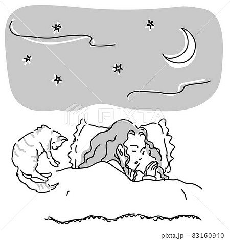 ベッドで猫と眠る女性 ベッドで猫と眠る女性 83160940