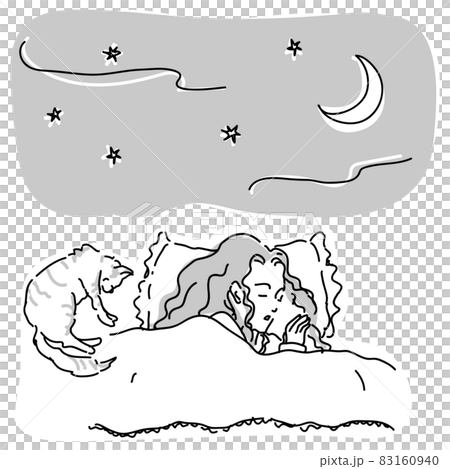 ベッドで猫と眠る女性 ベッドで猫と眠る女性 83160940