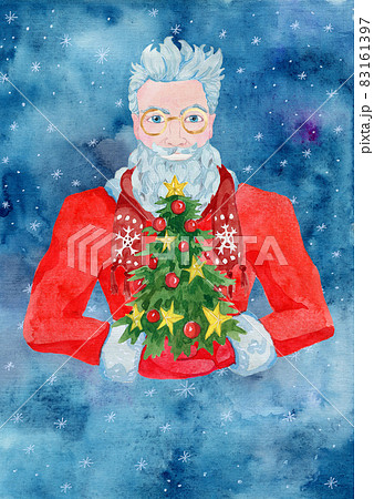Christmas greeting card with handsome old man hipster wearing Santa Claus costume holding decorated conifer tree. Cool new year gentleman. Watercolor illustration with winter holidays concept 83161397