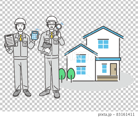 Vector illustration material of house and worker with calculator and magnifying glass / communication / site supervision / construction / remodeling 83161411