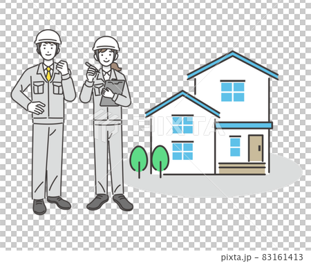 Vector illustration of a worker with a house and a binder Material / Communication / Site supervision / Construction / Remodeling 83161413
