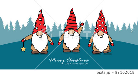 christmas greeting card with cute christmas dwarf and snowy landscape 83162619