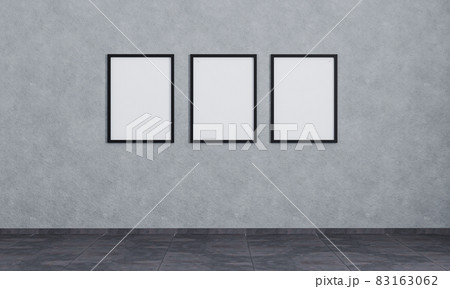 Three empty picture frames on grey concrete wall with dark tiling. Poster frames mockup. Empty room with poster frames. Grey room interior.3d rendering. Three empty picture frames on grey concrete wall with dark tiling. Poster frames mockup. Empty room with poster frames. Grey room interior.3d rendering. 83163062