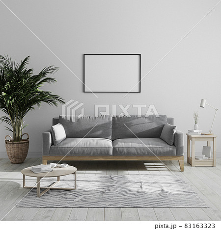 Blank horizontal picture frame mock up in modern minimalist living room interior with gray sofa and palm tree, living room interior background, living room in gray tones, 3d render. 83163323