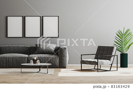 empty picture frame mockup in modern living room interior background in gray color with sofa and armchair, gray wall and wooden floor, room interior design, 3d render. 83163429