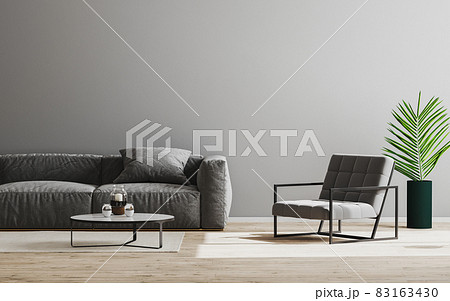 Modern living room interior background mock up in gray color with sofa and armchair, gray wall and wooden floor, room interior design, 3d render. Modern living room interior background mock up in gray color with sofa and armchair, gray wall and wooden floor, room interior design, 3d render. 83163430