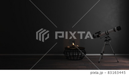 Telescope near window in modern dark room interior background, mock up, astronomy concept, 3d rendering 83163445