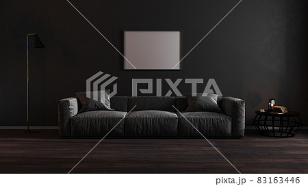 Horizontal blank poster frames mock up in luxury dark living room interior with gray sofa, modern interior background, 3d illustration. Horizontal blank poster frames mock up in luxury dark living room interior with gray sofa, modern interior background, 3d illustration. 83163446