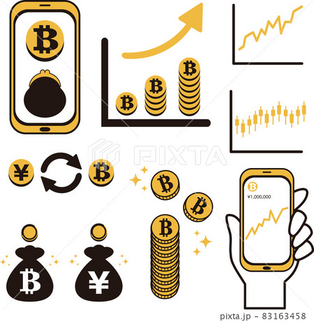 仮想通貨 暗号資産 ビットコイン Btc Fx お金 ビジネス 投資 イメージ イラスト素材セットのイラスト素材