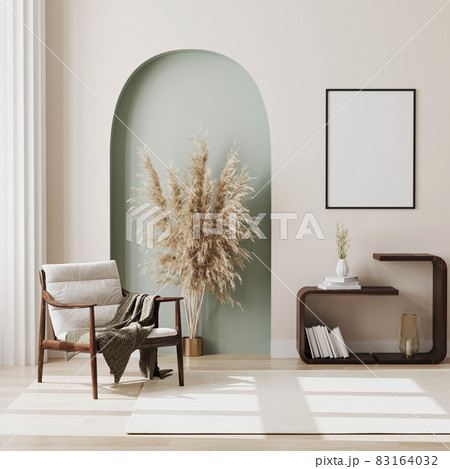 Blank poster frame in modern interior design of living room with white wooden chair with blanket, pampass grass, decorative pastel green arch and white column, 3d render. Blank poster frame in modern interior design of living room with white wooden chair with blanket, pampass grass, decorative pastel green arch and white column, 3d render. 83164032
