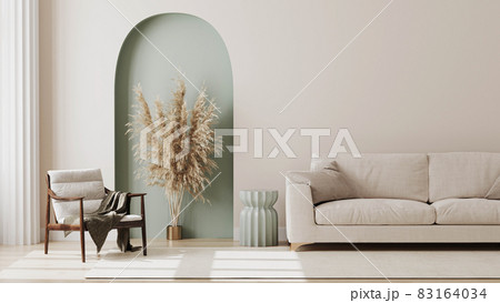living room interior mock up, modern furniture and decorative green arch with trendy dried flowers, white sofa and armchair, 3d render. living room interior mock up, modern furniture and decorative green arch with trendy dried flowers, white sofa and armchair, 3d render. 83164034