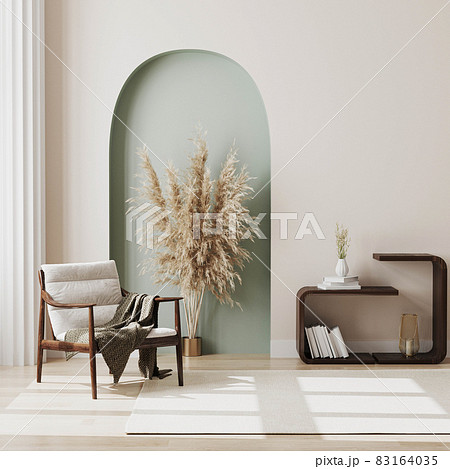 Modern interior design of living room with white wooden chair with blanket, pampass grass, decorative pastel green arch and white column, living room interior background, 3d render. Modern interior design of living room with white wooden chair with blanket, pampass grass, decorative pastel green arch and white column, living room interior background, 3d render. 83164035