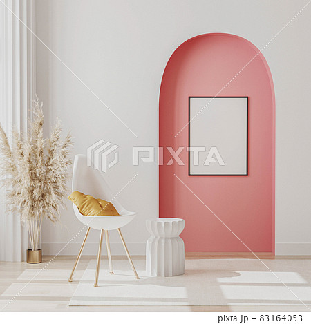 Blank poster frame mock up in modern room interior with white chair, coffee table near window and decorative pink arch and column on the background, 3d render. 83164053