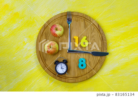 Intermittent Fasting 16:8. Popular health and fitness trend. Flat lay. Healthy eating, weight loss 83165134