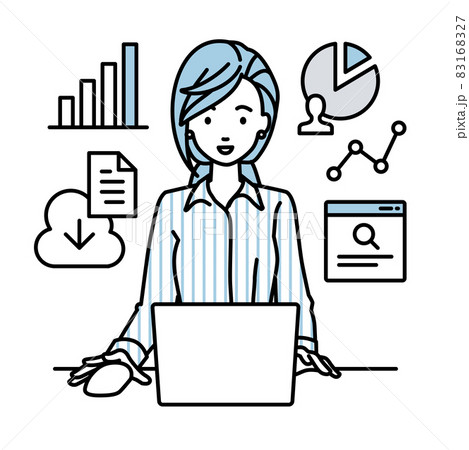 デスクで座ってPCを開いてリサーチしたりデータを分析してレポートにまとめているブラウスの女性 83168327