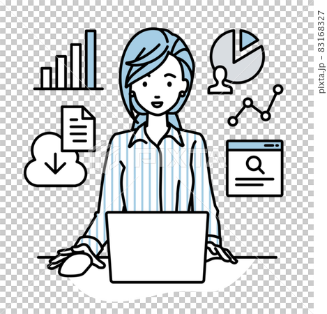 デスクで座ってPCを開いてリサーチしたりデータを分析してレポートにまとめているブラウスの女性 83168327