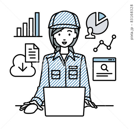 デスクで座ってPCを開いてリサーチしたりデータを分析してレポートにまとめている作業員の女性 83168328