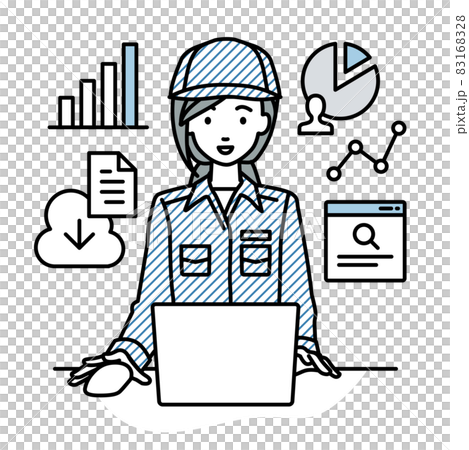 デスクで座ってPCを開いてリサーチしたりデータを分析してレポートにまとめている作業員の女性 83168328
