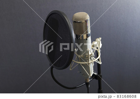Studio microphone and pop shield on mic stand against gray background Studio microphone and pop shield on mic stand against gray background 83168608