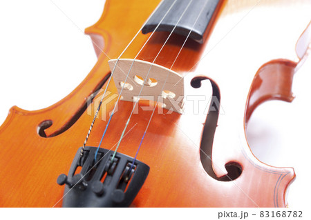 Part of old violin on white background. Musical instrument of vintage style. Part of old violin on white background. Musical instrument of vintage style. 83168782