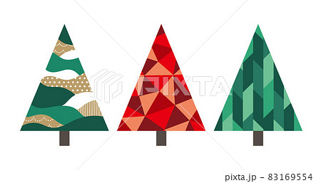 幾何学模様などオシャレな模様のクリスマスツリーセットのイラスト素材