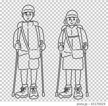 トレッキングのイラスト　トレッキングするカップル　トレッキング男女のイラスト　登山　登山イラスト 83170029