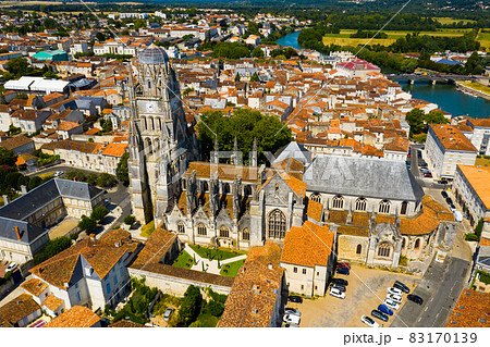 Aerial view of Saintes on Charente river with medieval cathedral, France Aerial view of Saintes on Charente river with medieval cathedral, France 83170139