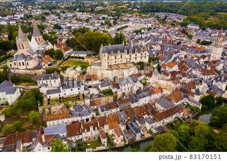 Aerial view of Loches overlooking fortified royal Chateau, France Aerial view of Loches overlooking fortified royal Chateau, France 83170151