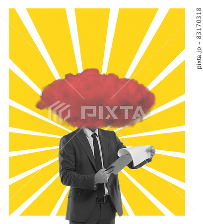 Modern design, contemporary art collage. Inspiration, idea, aspiration and fantasy, dreams. Male body and cloud instead head 83170318