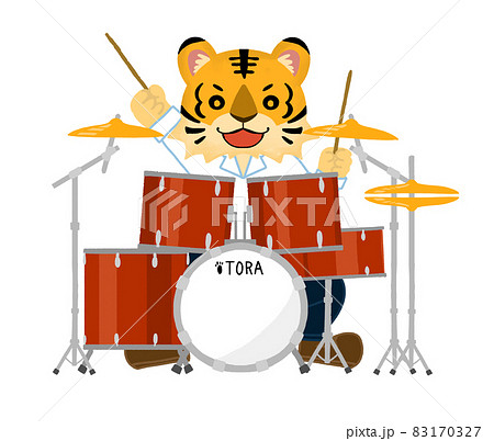ドラムを叩くトラのイラストのイラスト素材