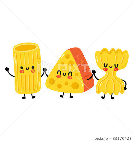 Cute funny macaroni pasta noodles character. Vector cartoon kawaii character illustration. Isolated on white background. Cute macaroni, cheese cartoon mascot concept Cute funny macaroni pasta noodles character. Vector cartoon kawaii character illustration. Isolated on white background. Cute macaroni, cheese cartoon mascot concept 83170423