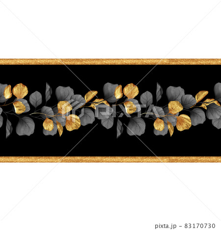 Floral seamless pattern with black and gold leaves. Decorative border background. 83170730