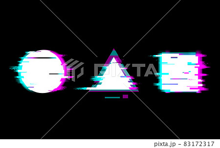 Distorted glitch style buttons vector illustration set. Play, pause, stop, warning symbols with circle and square on black background Distorted glitch style buttons vector illustration set. Play, pause, stop, warning symbols with circle and square on black background 83172317