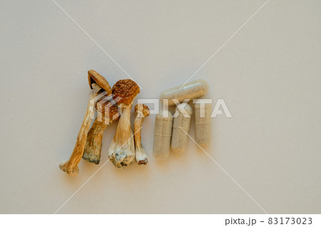 Micro dosing concept. Dry psilocybin mushrooms and herbal pills on ivory background. Micro dosing concept. Dry psilocybin mushrooms and herbal pills on ivory background. 83173023