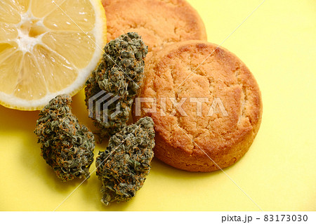 Cookies with CBD oil. Marijuana buds on yellow background 83173030