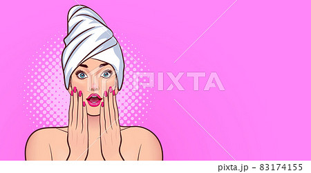 Beautiful woman in towel with clean fresh skin touch own face 83174155