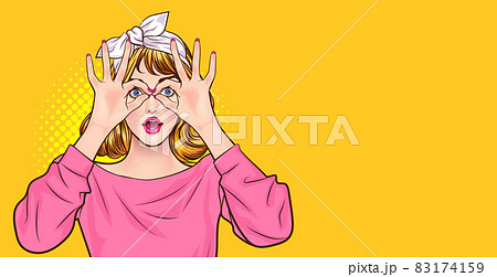 Amazed woman making glasses shape with her hands 83174159