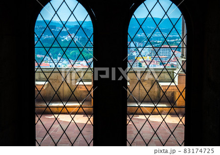 Portugal, panoramic view of Leiria, balcony of the medieval Castle of Leiria 83174725