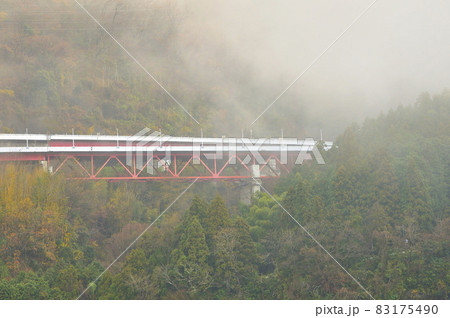 神奈川県山北町　山霧に包まれる東名高速道路の東名酒匂川橋 83175490