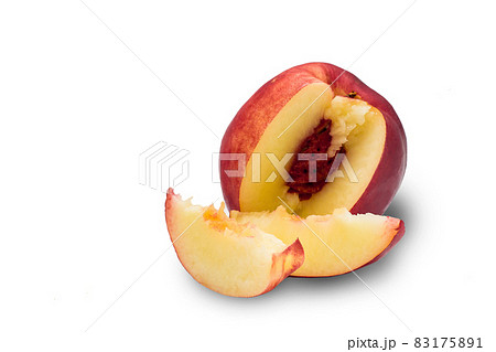 Ripe red nectarine and slices isolated on a white background. Place for text Ripe red nectarine and slices isolated on a white background. Place for text 83175891