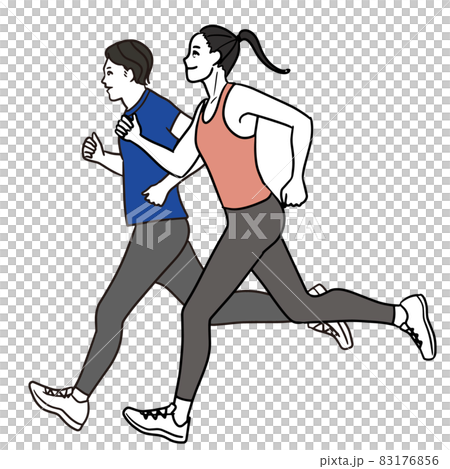 Illustration of a full-body line drawing of a young Asian male and female couple running in T-shirts and leggings Illustration of a full-body line drawing of a young Asian male and female couple running in T-shirts and leggings 83176856