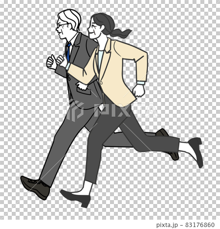 Cartoon-style illustration of full-body line art of Asian senior men and women running in suits 83176860